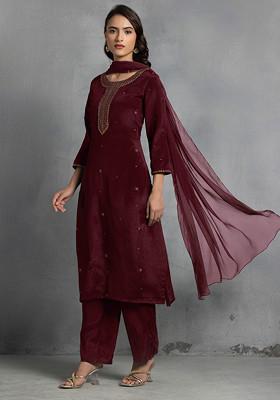 Wine Cutdana Thread Hand Embroidered Kurta Set With Pants And Dupatta