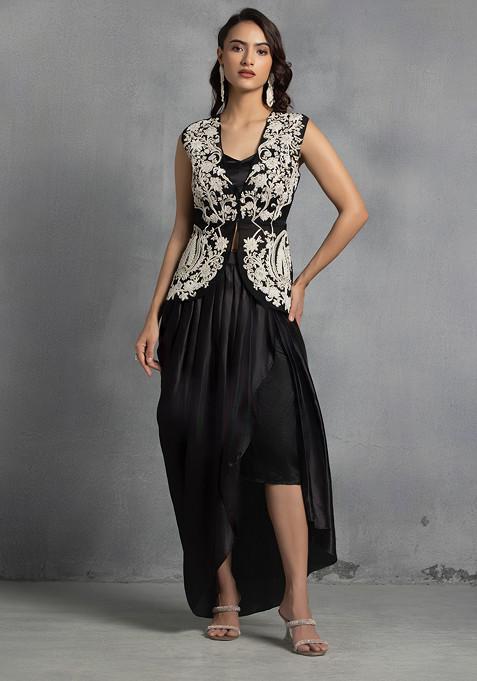 Black Floral Hand Embroidered Jacket Set With Satin Blouse And Dhoti Skirt