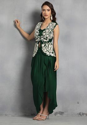 Deep Green Floral Hand Embroidered Jacket Set With Satin Blouse And Dhoti Skirt