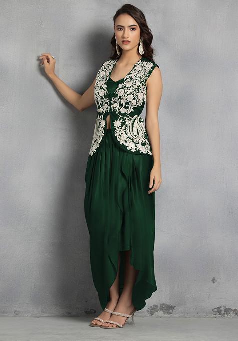 Deep Green Floral Hand Embroidered Jacket Set With Satin Blouse And Dhoti Skirt