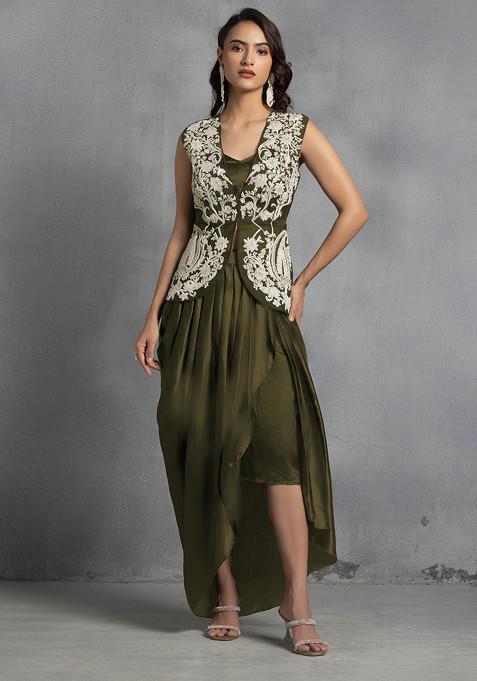 Olive Green Floral Hand Embroidered Jacket Set With Satin Blouse And Dhoti Skirt