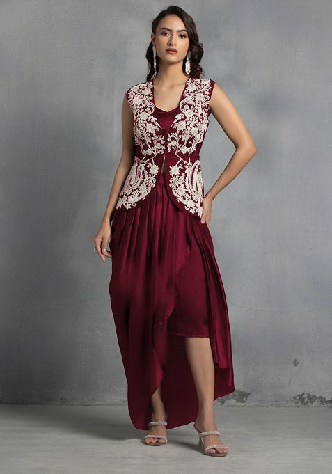 Maroon Floral Hand Embroidered Jacket Set With Satin Blouse And Dhoti Skirt