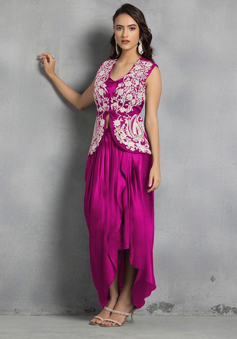 Pink Floral Hand Embroidered Jacket Set With Satin Blouse And Dhoti Skirt