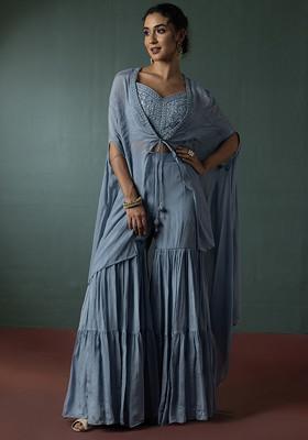 Blue Sharara Set With Cutdana Bead Embellished Blouse And Jacket