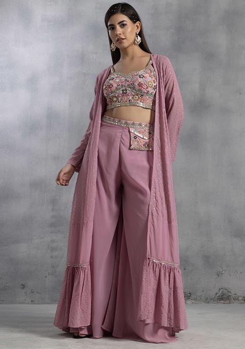 Pink Sharara Set With Zari Floral Embellished Blouse And Jacket