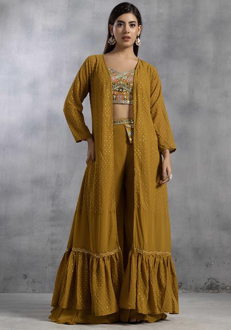 Mustard Sharara Set With Zari Floral Embellished Blouse And Jacket