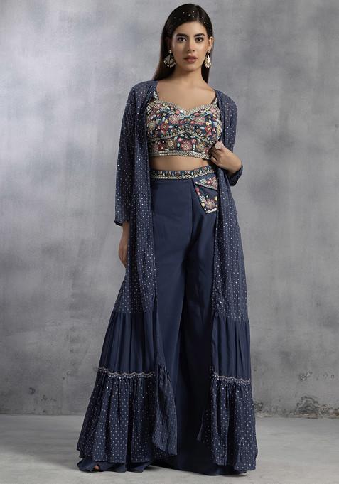 Blue Sharara Set With Zari Floral Embellished Blouse And Jacket