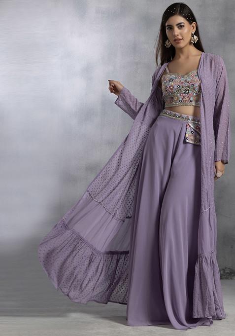 Purple Sharara Set With Zari Floral Embellished Blouse And Jacket