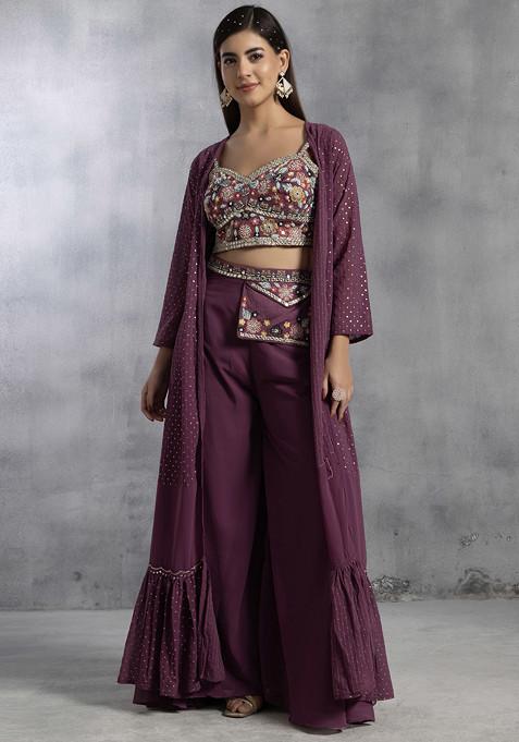 Maroon Sharara Set With Zari Floral Embellished Blouse And Jacket