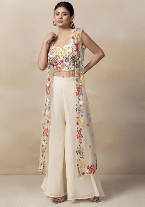 White Sharara Set With Floral Zari Embroidered Blouse And Jacket