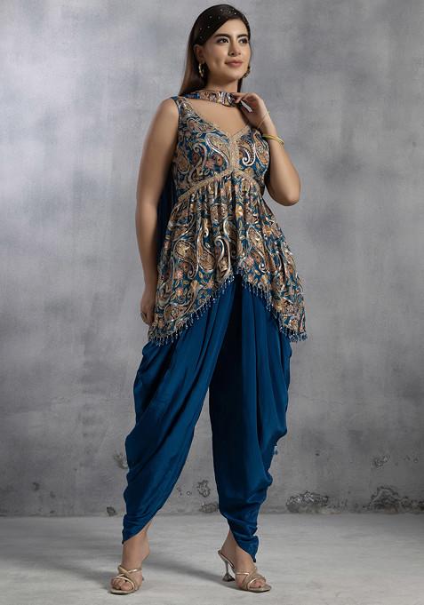 Blue Floral Print Sequin Embellished Short Kurta Set With Dhoti Pants And Dupatta