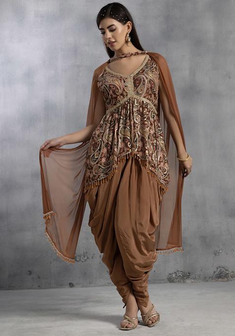 Brown Floral Print Sequin Embellished Short Kurta Set With Dhoti Pants And Dupatta