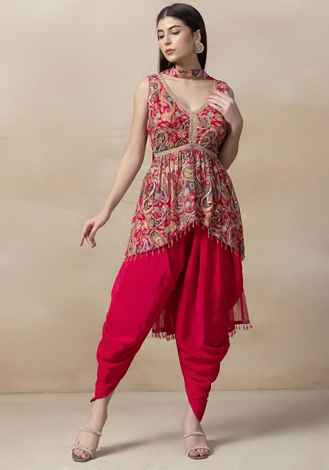 Pink Floral Print Sequin Embellished Short Kurta Set With Dhoti Pants And Dupatta