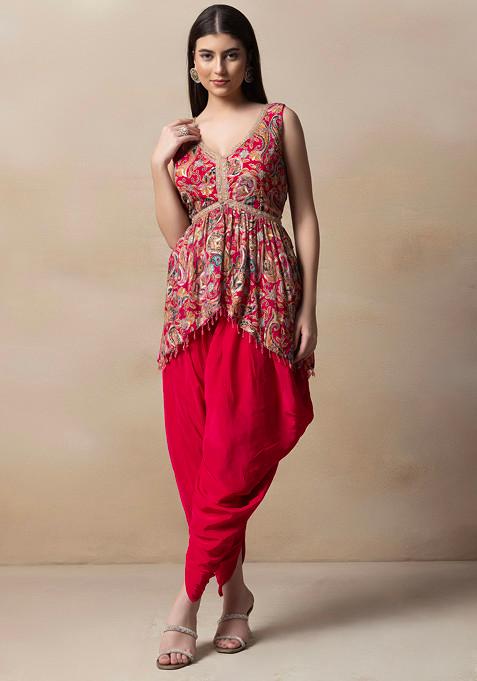 Girls Purple Floral Short Kurta With Dhoti Pants & Dupatta