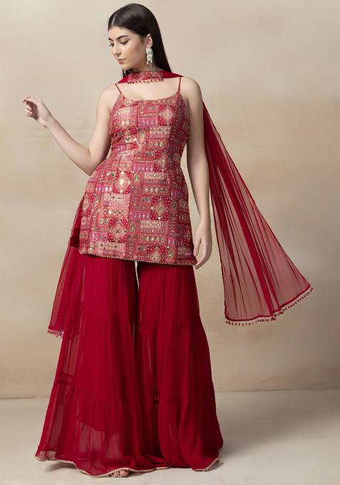 Pink Sharara Set With Printed Embellished Kurta And Dupatta