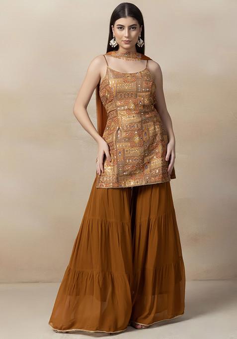 Mustard Yellow Sharara Set With Printed Embellished Kurta And Dupatta