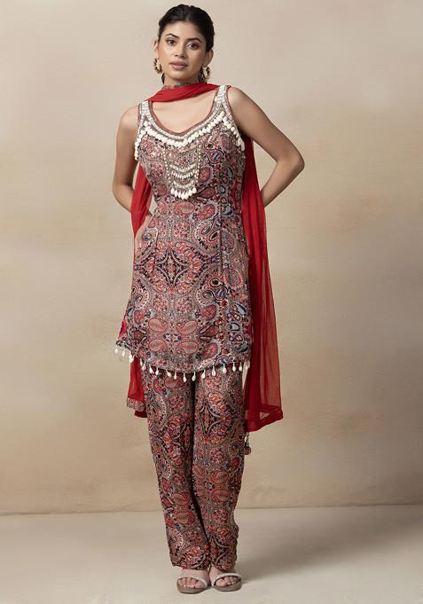 Red Bead Sequin Mirror Embellished Short Kurta Set With Pants And Mesh Dupatta