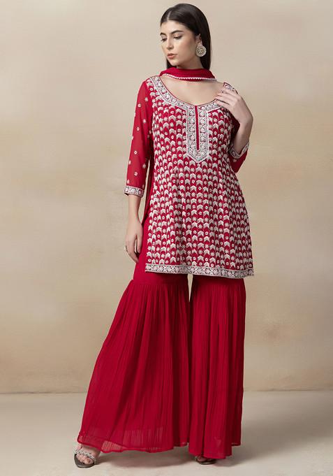 Red Sharara Set With Bead Embellished Kurta And Dupatta