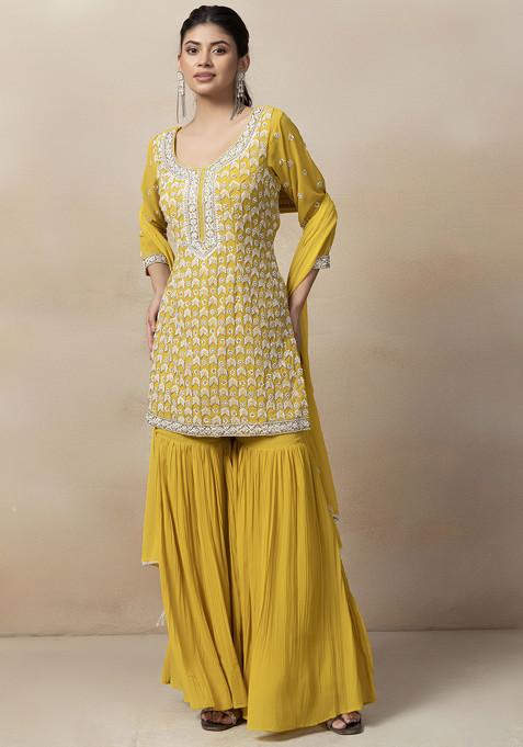 Yellow Sharara Set With Bead Embellished Kurta And Dupatta