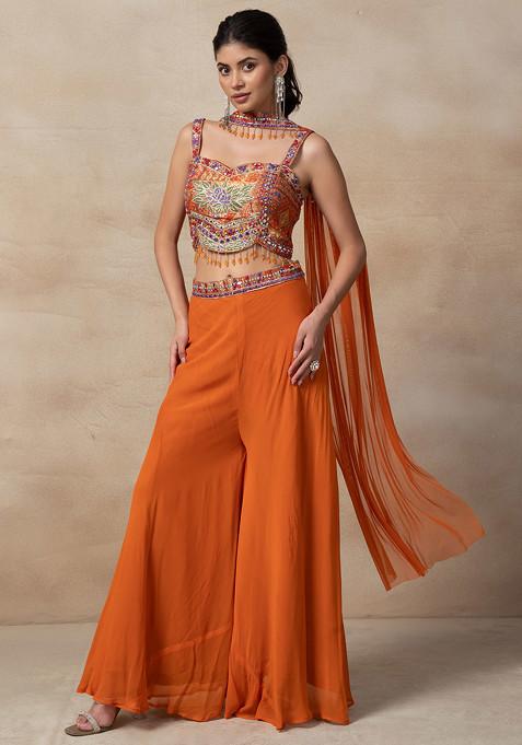 Orange Sharara Set With Mirror Embroidered Blouse And Dupatta