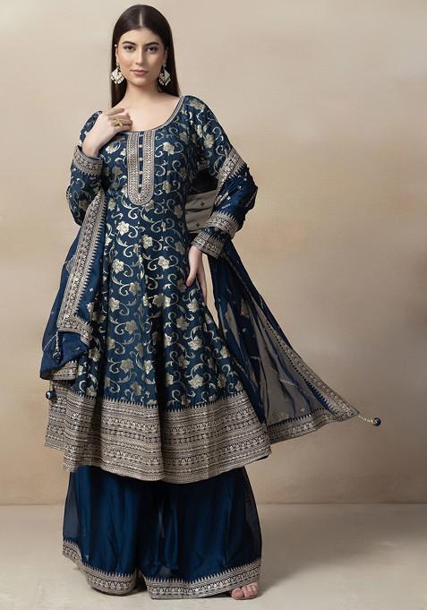 Teal Blue Sharara Set With Floral Embellished Anarkali Kurta And Dupatta