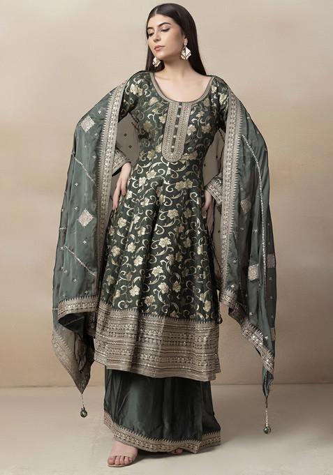 Green Sharara Set With Floral Embellished Anarkali Kurta And Dupatta