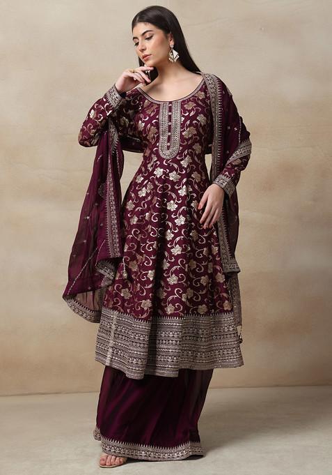 Purple Sharara Set With Floral Embellished Anarkali Kurta And Dupatta