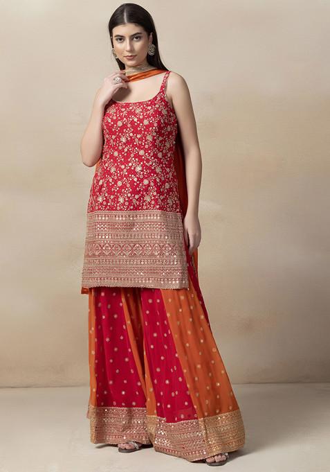 Rani Pink Zari Embroidered Kurta Set With Zari Embroidered Sharara And Dupatta