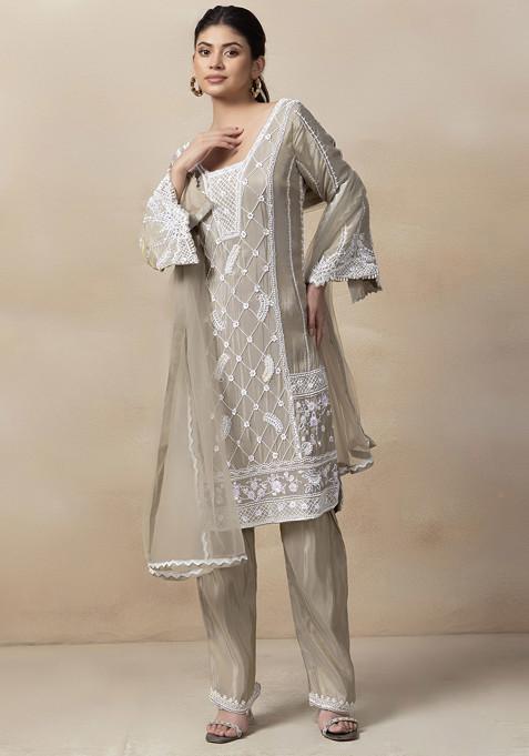 Beige Cutdana Bead Embellished Kurta Set With Pants And Dupatta