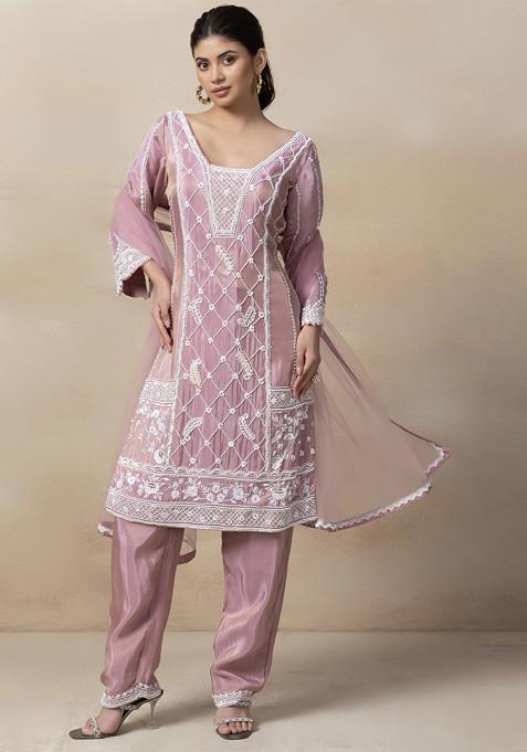 Pink Cutdana Bead Embellished Kurta Set With Pants And Dupatta