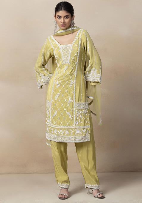 Lime Green Cutdana Bead Embellished Kurta Set With Pants And Dupatta