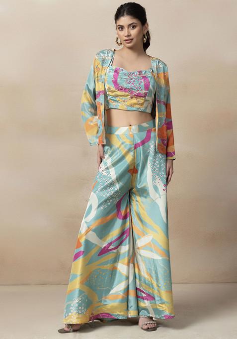 Multicolour Floral Print Sharara Set With Embellished Blouse And Jacket