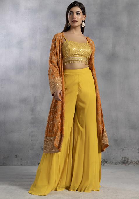 Yellow Sharara Set With Sequin Embellished Blouse And Jacket