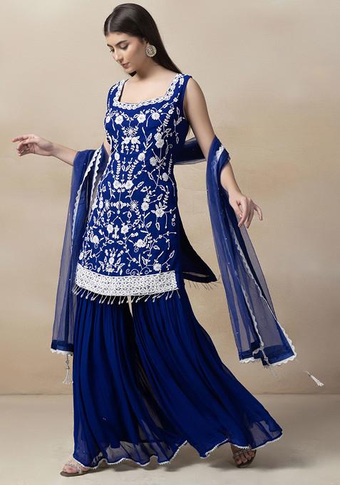 Blue Sharara Set With Bead Sequin Embellished Kurta And Dupatta