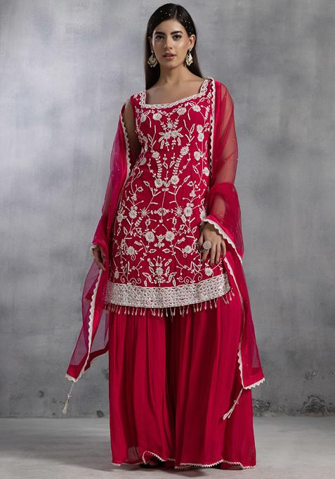 Pink Sharara Set With Bead Sequin Embellished Kurta And Dupatta