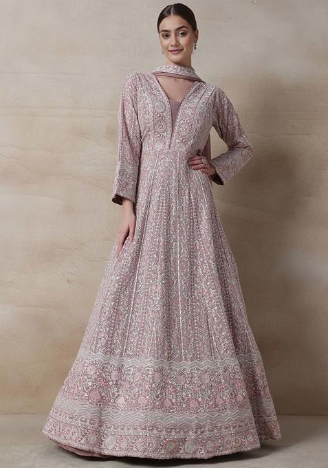 Pink Embroidered Anarkali Gown Set With Laced Dupatta