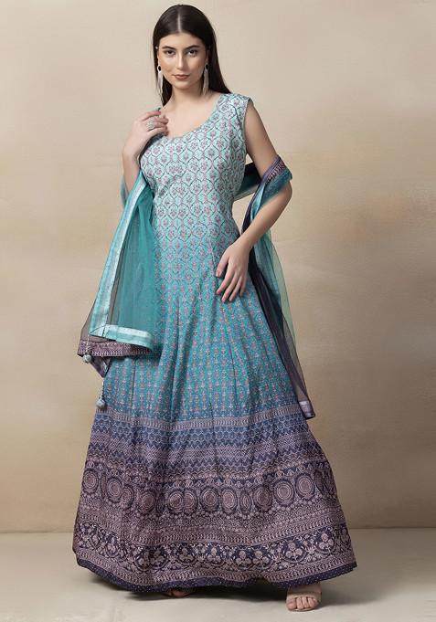 Green Floral Print Swarovski Anarkali With Embellished Dupatta