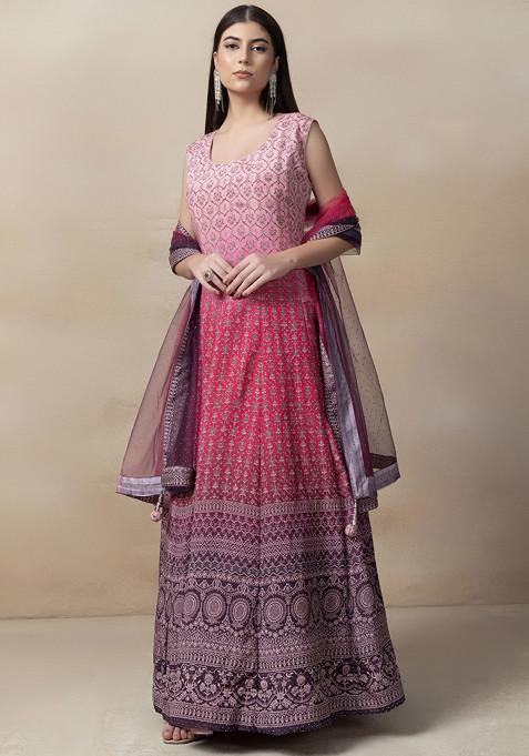 Pink Floral Print Swarovski Anarkali With Embellished Dupatta