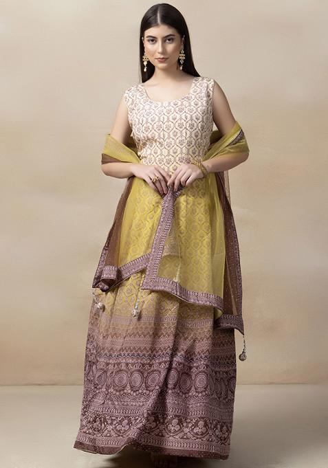 Yellow Floral Print Swarovski Anarkali With Embellished Dupatta