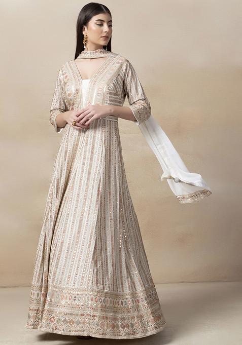 White Zari Sequin Embroidered Anarkali Gown With Dupatta