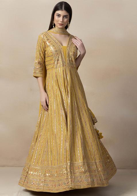 Yellow Zari Sequin Embroidered Anarkali Gown With Dupatta