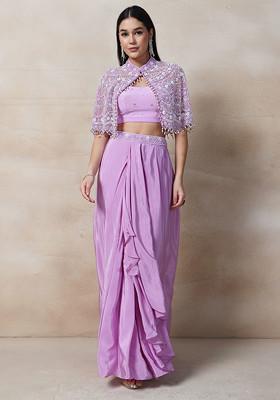 Purple Skirt Set With Sequin Embellished Blouse And Cape