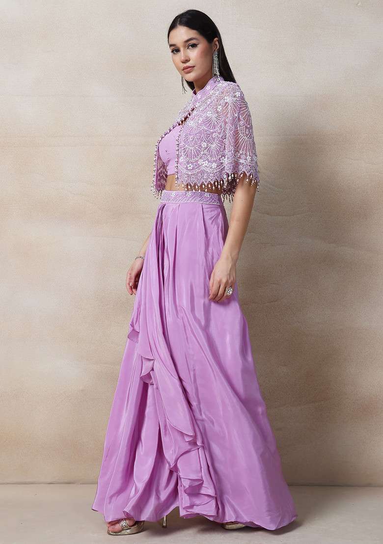 Purple Skirt Set With Sequin Embellished Blouse And Cape - Indya