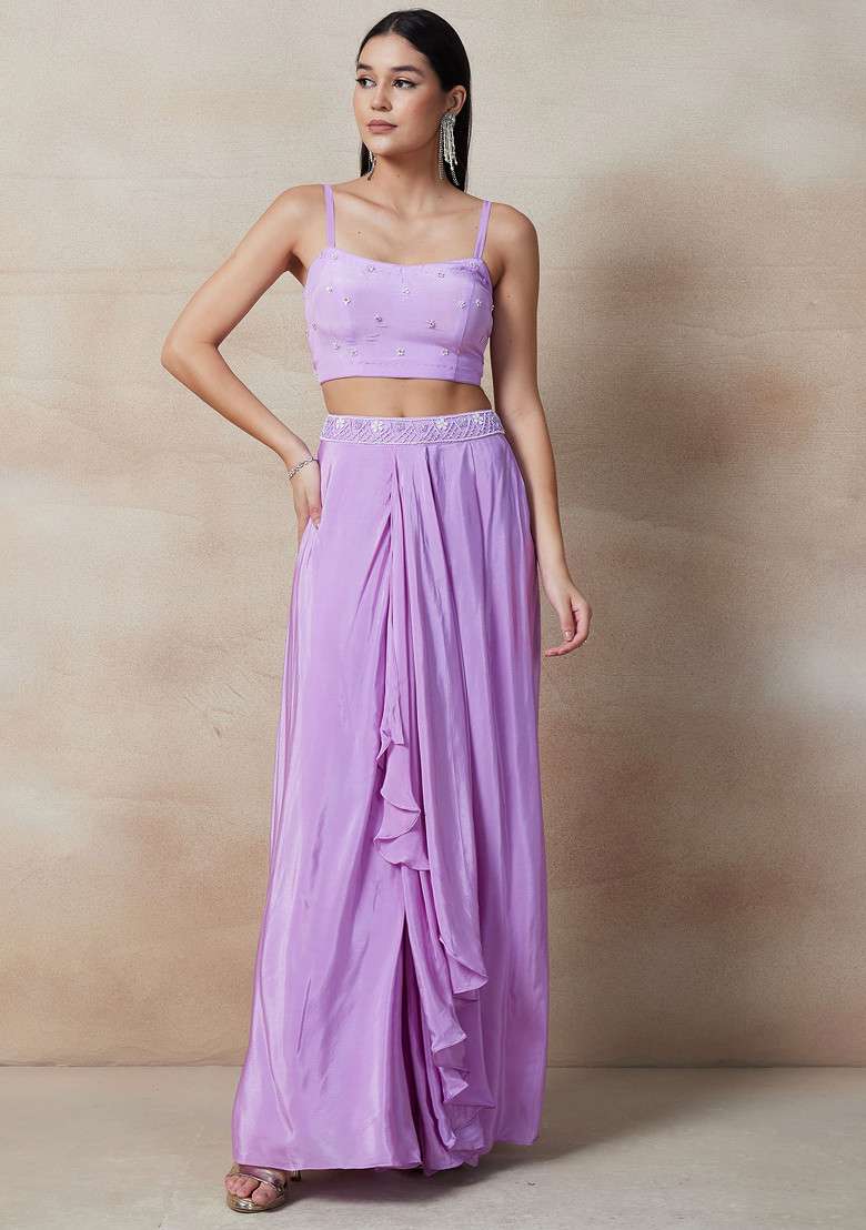 Purple Skirt Set With Sequin Embellished Blouse And Cape - Indya