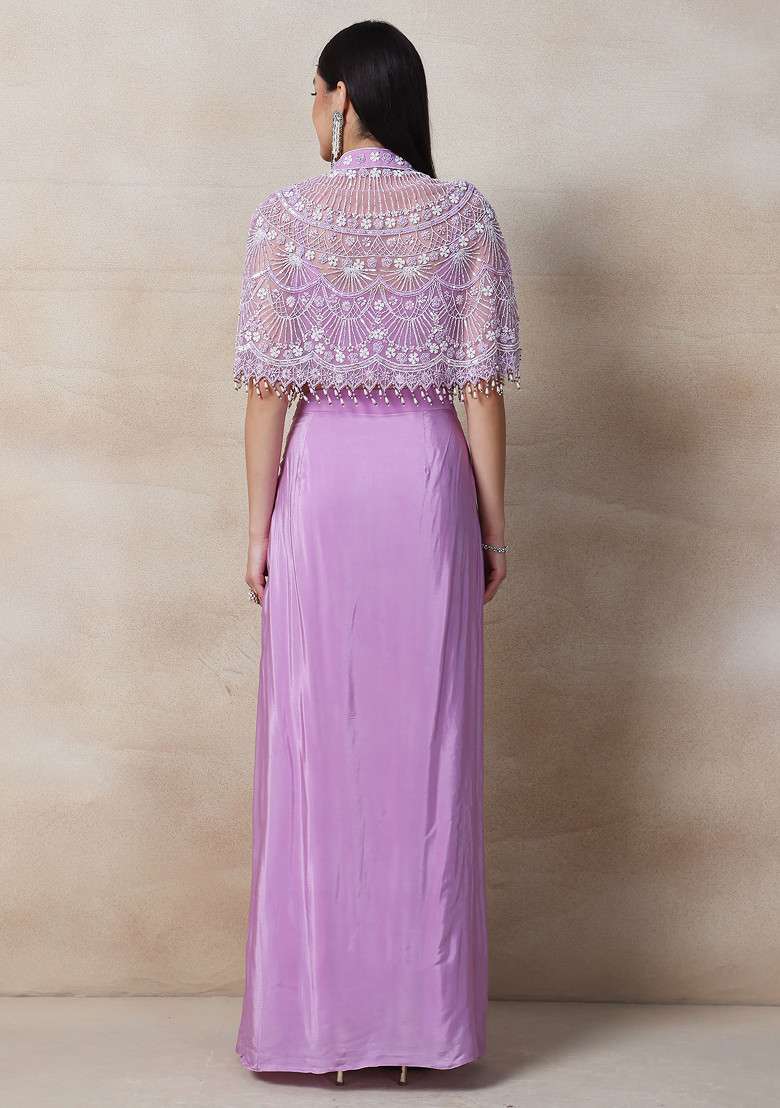 Purple Skirt Set With Sequin Embellished Blouse And Cape - Indya