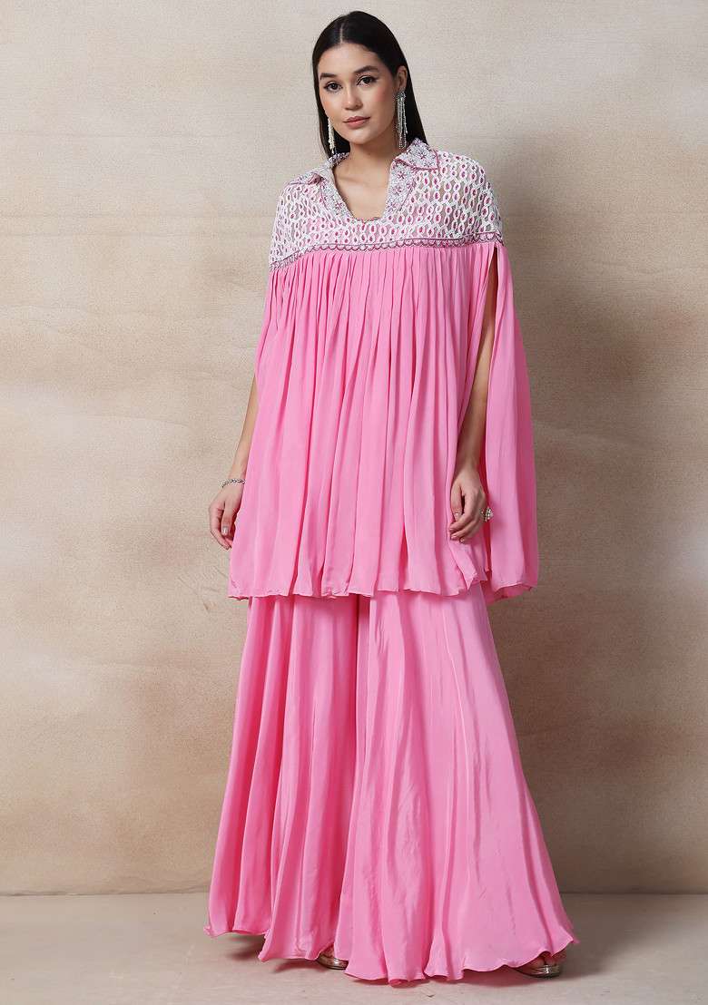 Pink Palazzo Set With Blouse And Embellished Cape - Indya