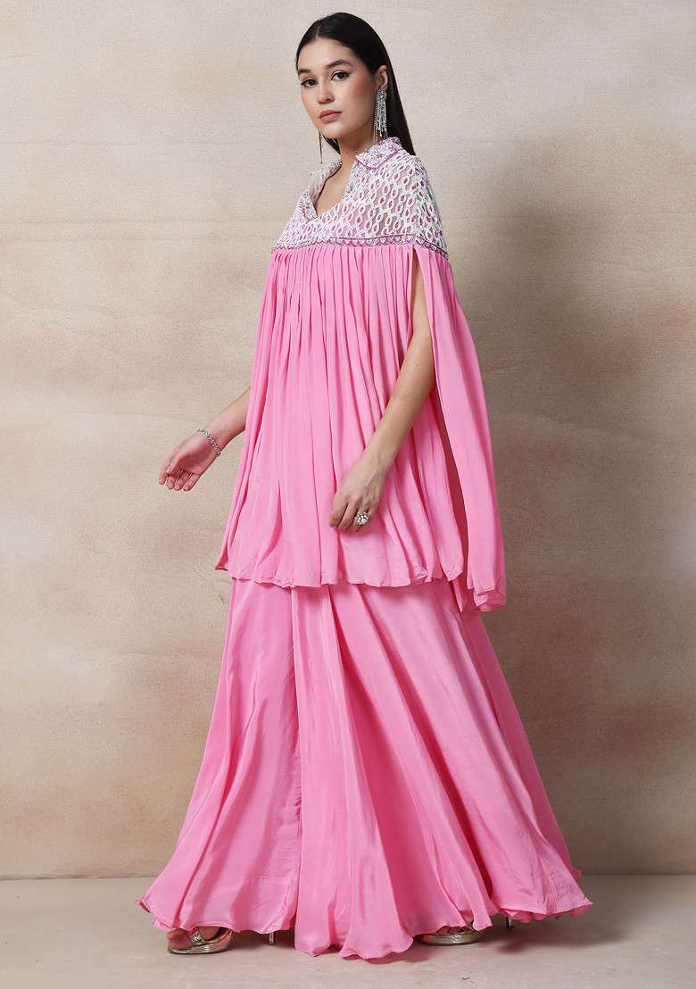 Pink Palazzo Set With Blouse And Embellished Cape - Indya
