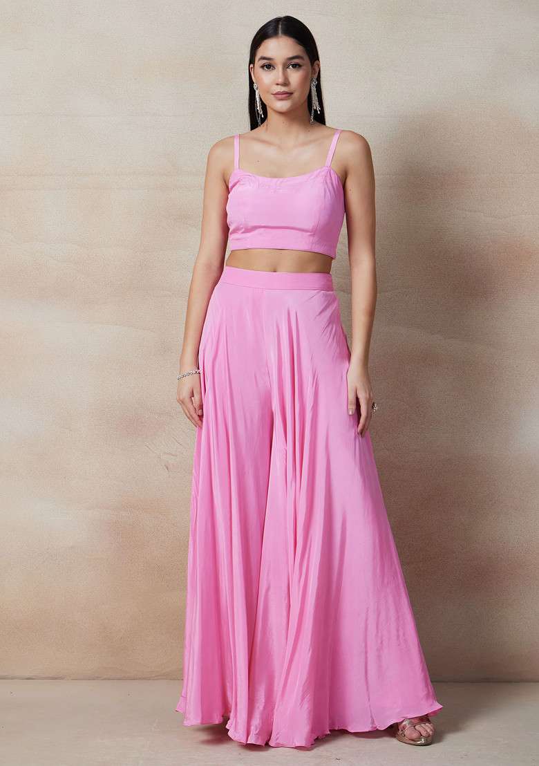 Pink Palazzo Set With Blouse And Embellished Cape - Indya