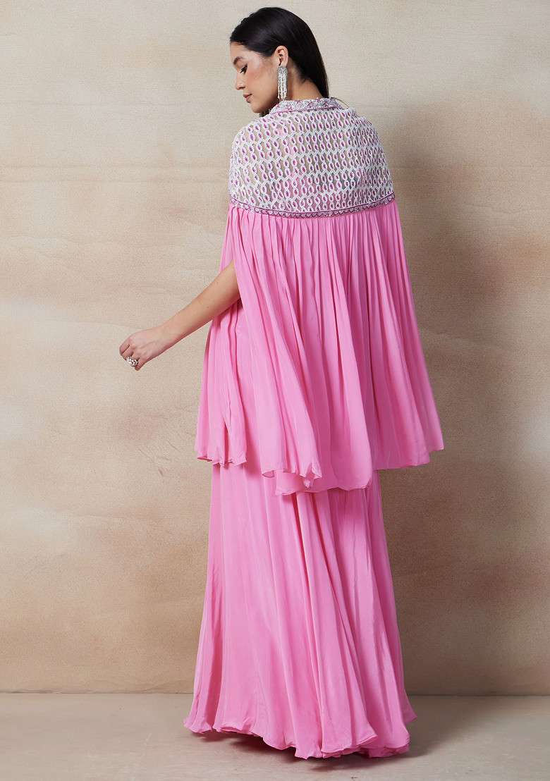 Pink Palazzo Set With Blouse And Embellished Cape - Indya