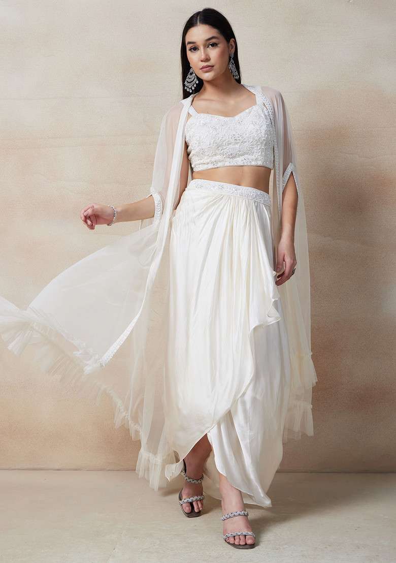 White Skirt Set With Sequin Bead Embellished Blouse And Jacket - Indya